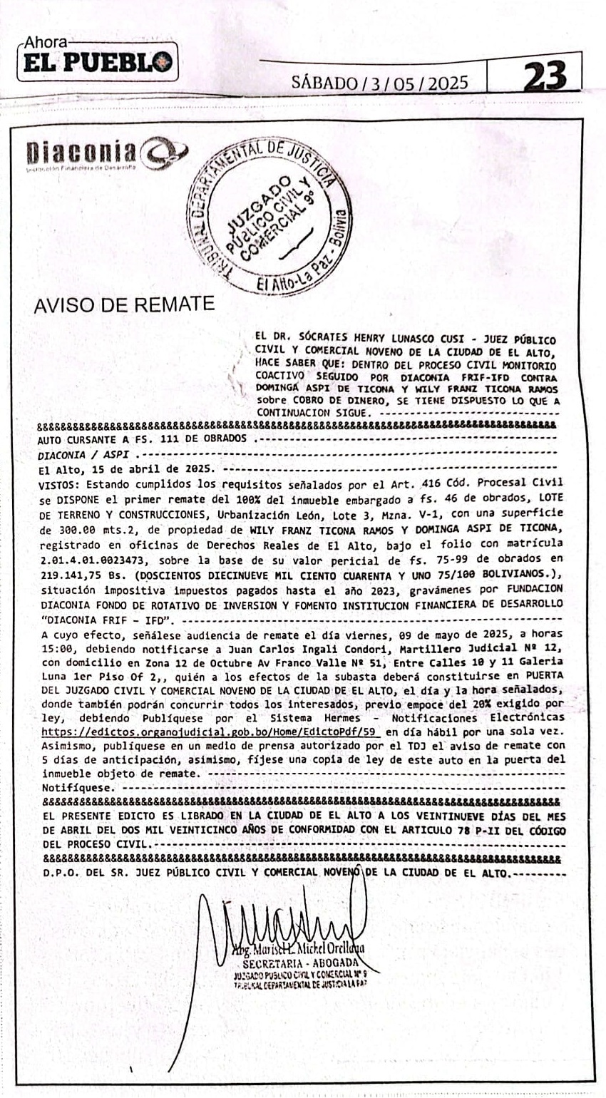 Operacion No. 120873127 ASPI DE TICONA DOMINGA (Estado Ejecucion).