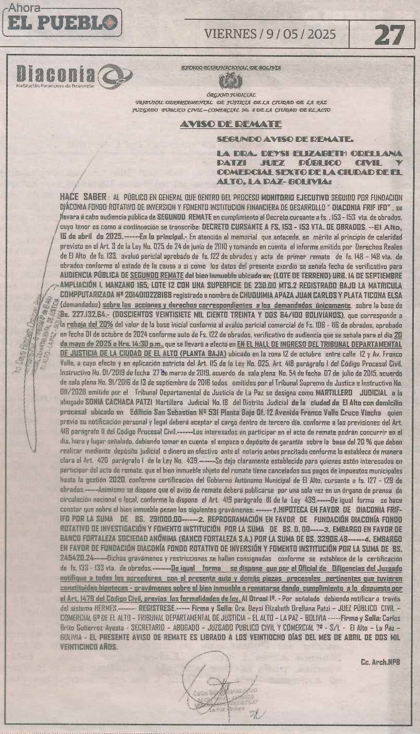Operacion No. 120795072 CHUQUIMIA APAZA JUAN CARLOS (Estado Ejecucion).