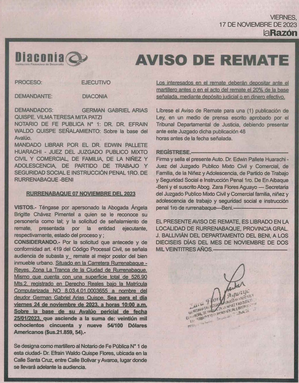 AVISO DE REMATE a desarrollarse el 22 de noviembre de 2023