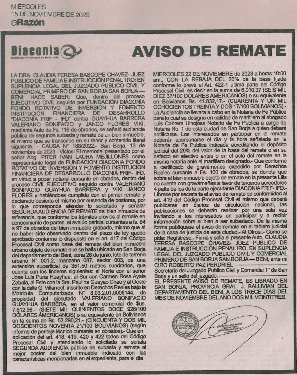 AVISO DEREMATE a desarrollarse el 22 de noviembre de 2023