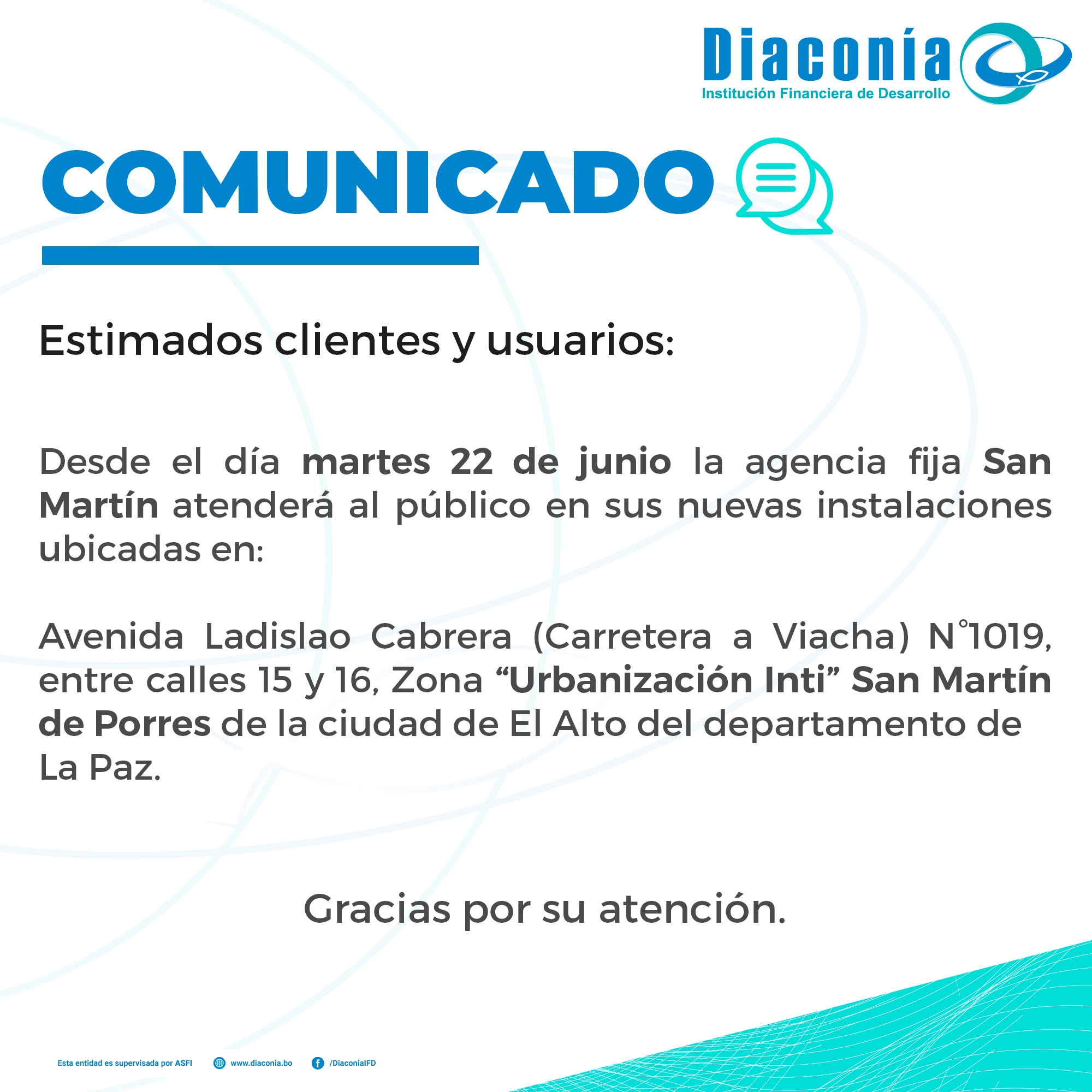 Comunicado Traslado Agencia San Martín