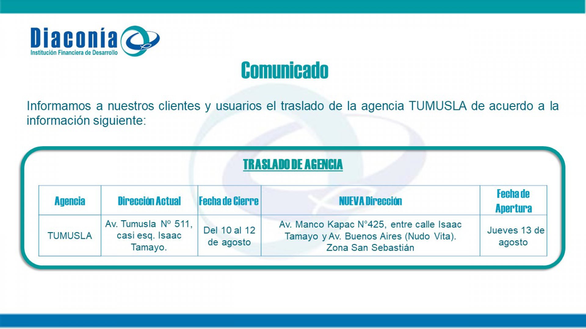 Traslado agencia TUMUSLA